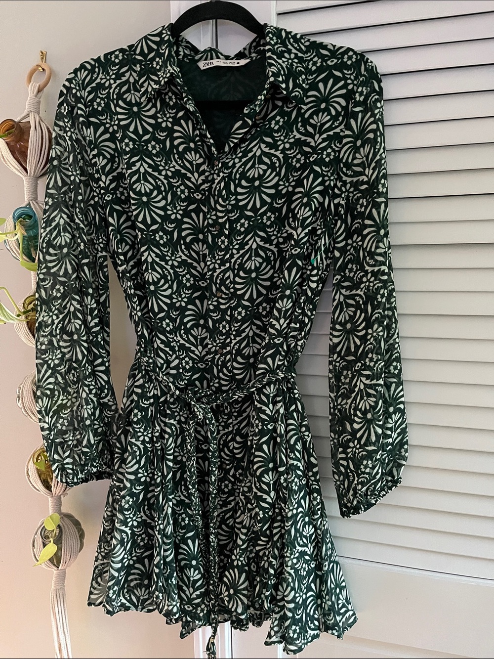 Zara Dark Green & White Long-Sleeve Floral Dress
